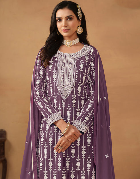 chic plum purple faux georgette heavy designer wedding wear georgette salwar suit with plum purple faux georgette df-176-7602 Front View